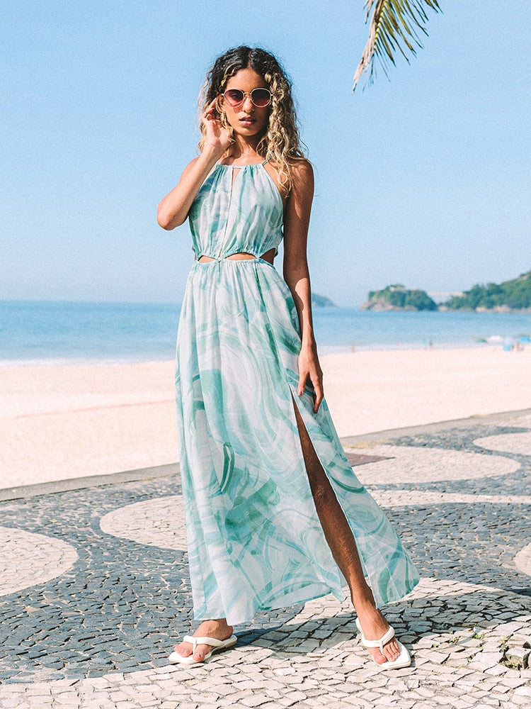 MISS PETAL Grünes Maxikleid mit belaubtem Ausschnitt für Damen Sexy Ausschnitt mit offenem Rücken Sommerurlaub langes Kleid 2022 Neues Strand-Sommerkleid