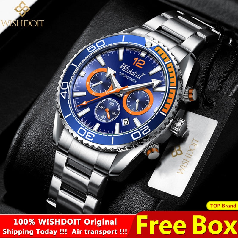 WISHDOIT 2021 New Fashion Diving Watch Men&#39;s Blue Top Brand Luxury Stainless Steel Waterproof Leisure Sports Quartz Men&#39;s Watch