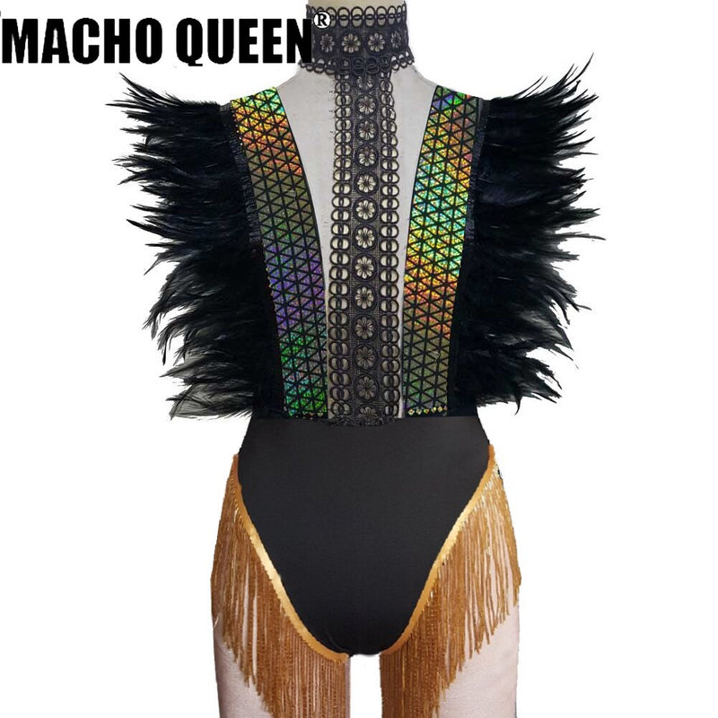 Holographic Summer Burning Man Festival Rave Clothes Gothic Outfits Wear Gear Rainbow Feather Bodysuit Hologram Clothing