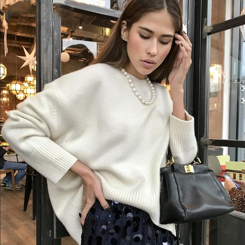 WYWM Cashmere Elegant Women Sweater Oversized Knitted Basic Pullovers O Neck Loose Soft Female Knitwear Jumper