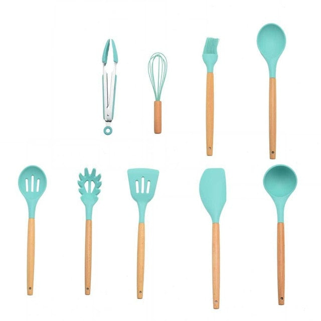 9-13Pcs Cooking Tools Set Premium Silicone Kitchen Cooking Utensils Set with Storage Box Turner Tongs Spatula Soup Spoon