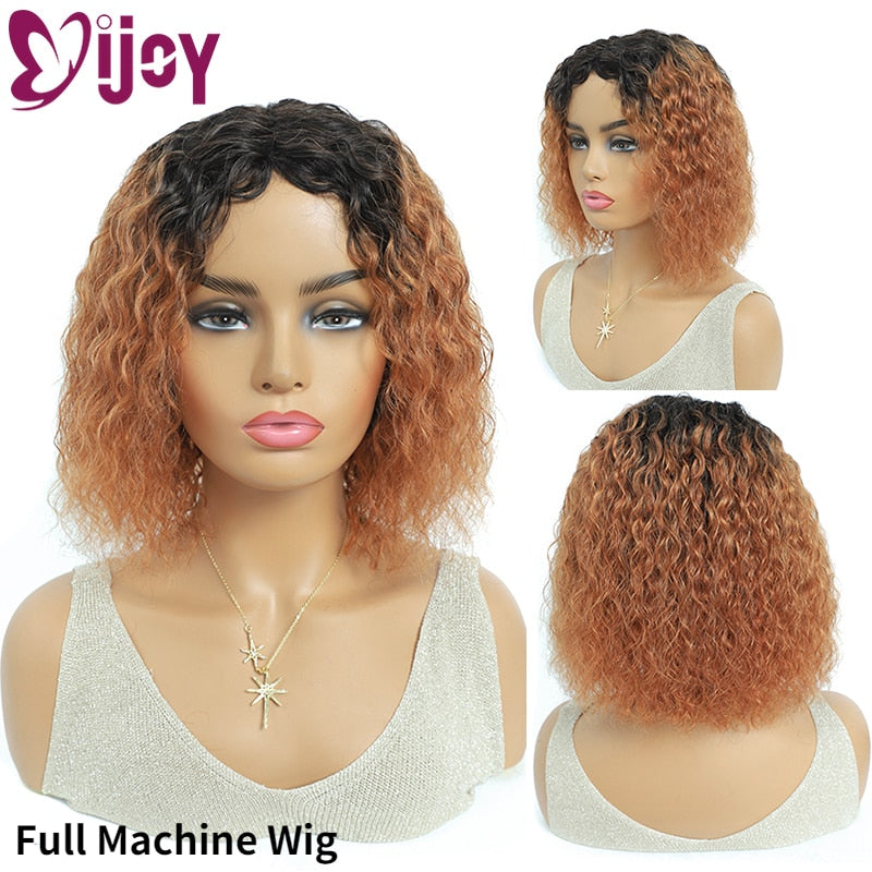 Short Bob Kinky Curly Wigs Brazilian Natural Human Hair Wigs For Black Women Middle Part Full Machine Made Wig Non-Remy IJOY