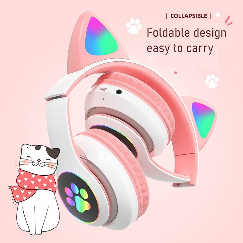 Flashing LED Cute Cat Ears Headphones Bluetooth Wireless Headset with Mic TF FM Kid Girl Stereo Music Earbud Kitten Earphon Gift