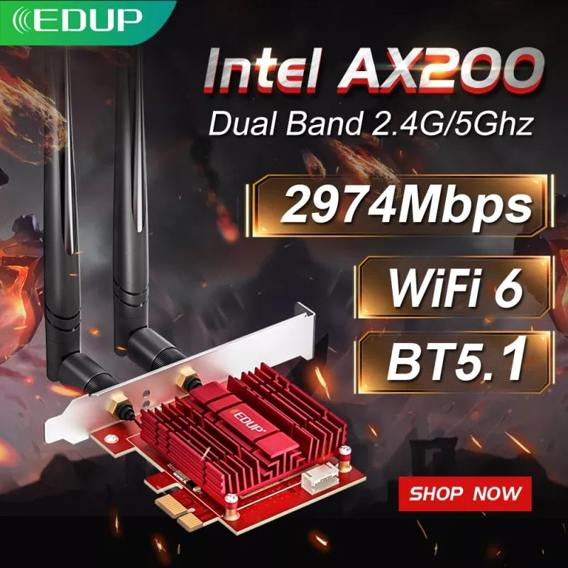EDUP 3000Mbps WiFi 6 PCI Express Blue-tooth 5.1 Adaptador Banda dual 2.4G / 5GHz 802.11AC / AX Tarjeta de red inalámbrica Intel AX200 PCIe