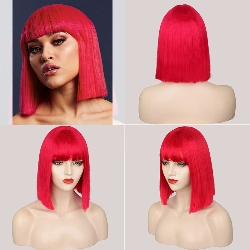 StampedGlorious Synthetic Wigs Short Straight Bob Wigs Black/Pink Bangs Wigs for Women Heat Resistant Cosplay Wig for Brizilan