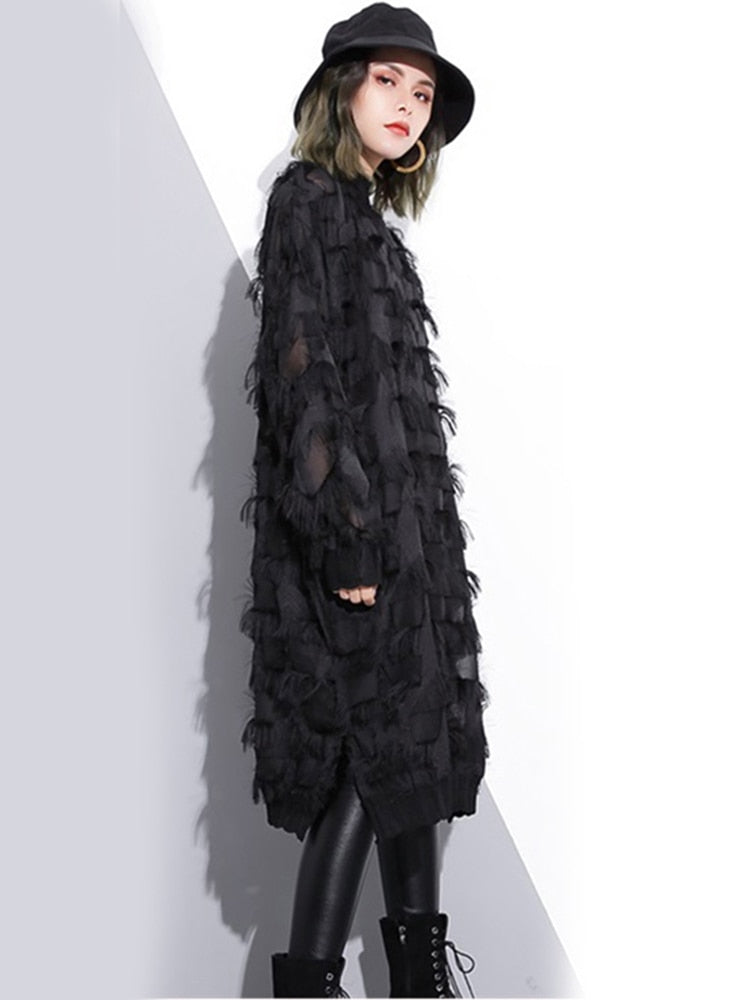 [EAM] 2022 New Spring Autumn Stand Collar Long Sleeve Perspective Black Loose Tassels Big Size Dress Women Fashion Tide JI780