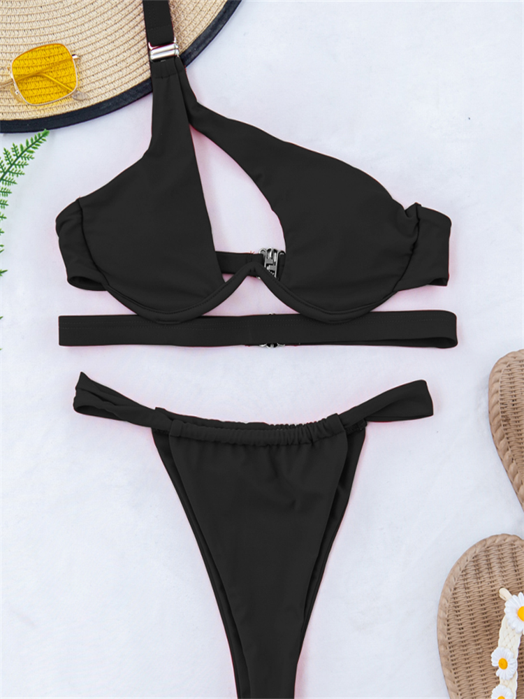GNIM Sexy Hollow Out Swimwear Women Push Up Bikini Mujer 2021 One Shoulder Solid Thong Swimsuit Female 2 Piece Micro Bather Suit
