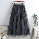 Qooth Women Beaded Petal Mid-length Ruffles Mesh Pleated Skirts Elegant High-waisted Fairy A-line Long Tulle Skirts QT1682