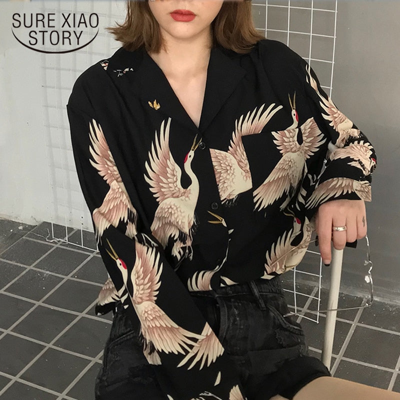 Vintage Printed Fashion Women Blouses 2022 women Long Sleeve Shirts print Chiffon blouse women ladies Loose Femme top 0845 30