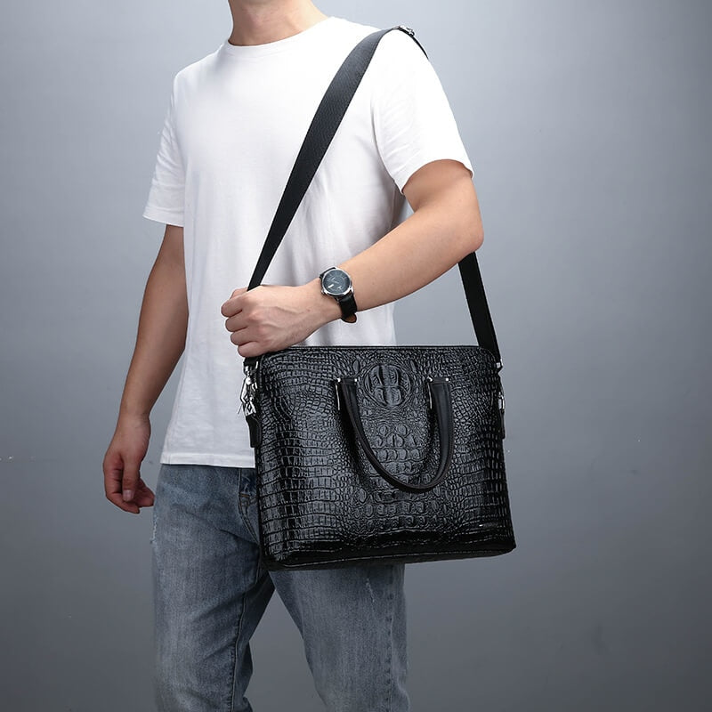 Double Layer Men's Handbag Men Briefcases Leather Handbags Crocodile Pattern Shoulder Bag Male Business Men Laptop Bag Sac Homme