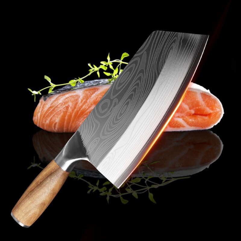 Kitchen Knife Damascus Laser Pattern Chinese Chef Knife Stainless Steel Butcher Meat Chopping Cleaver Knife Vegetable Cutter