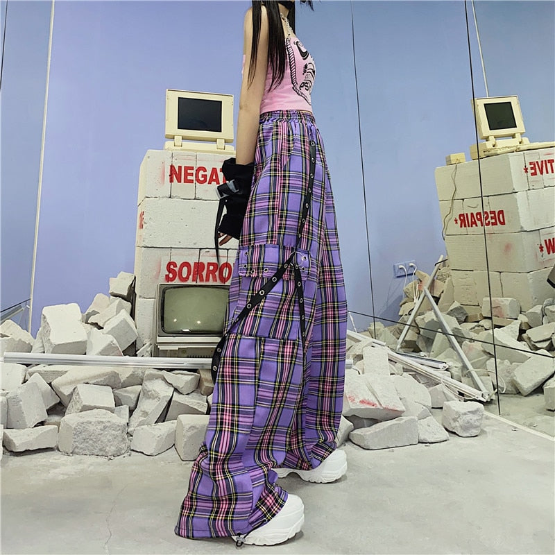 QWEEK Punk Harajuku Checkered Pants Women Goth Hippie Plaid Trousers Hip Hop Wide Cargo Pants Indie y2k Aesthetic 2000s Korean