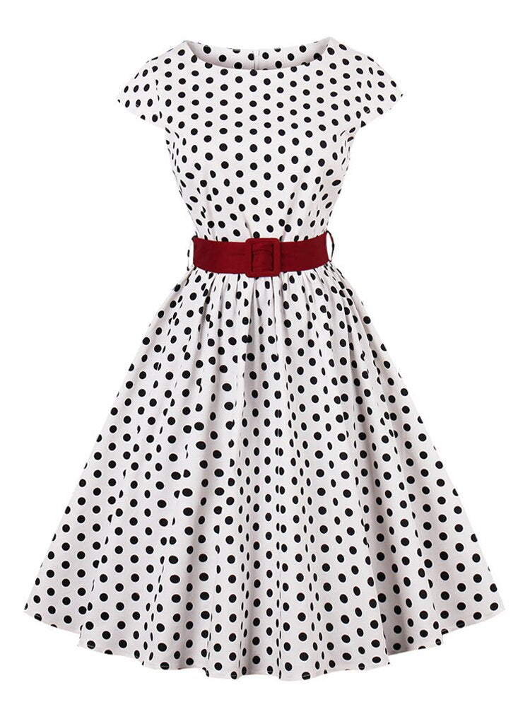 Tonval Green Retro Polka Dot 1950er Rockabilly Plissee Belted Dress Cap Ärmel Sommer Damen High Waist Vintage Kleider