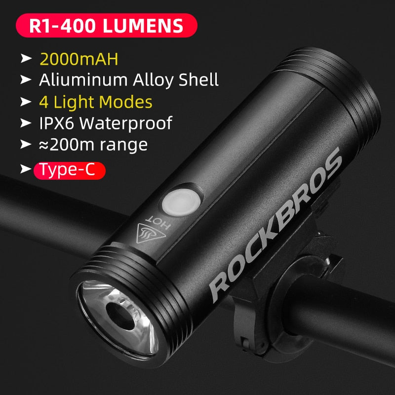 Luz de bicicleta ROCKBROS, resistente a la lluvia, LED recargable por USB, 2000mAh, faro delantero para bicicleta de montaña, linterna ultraligera de aluminio, luz para bicicleta