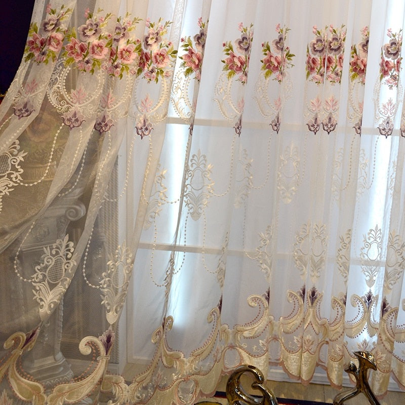 European Luxury Sheer Gauze Curtain For Living Room Flocking Water-Soluble Embroidered Tulle For Wedding Home Decoration Voile