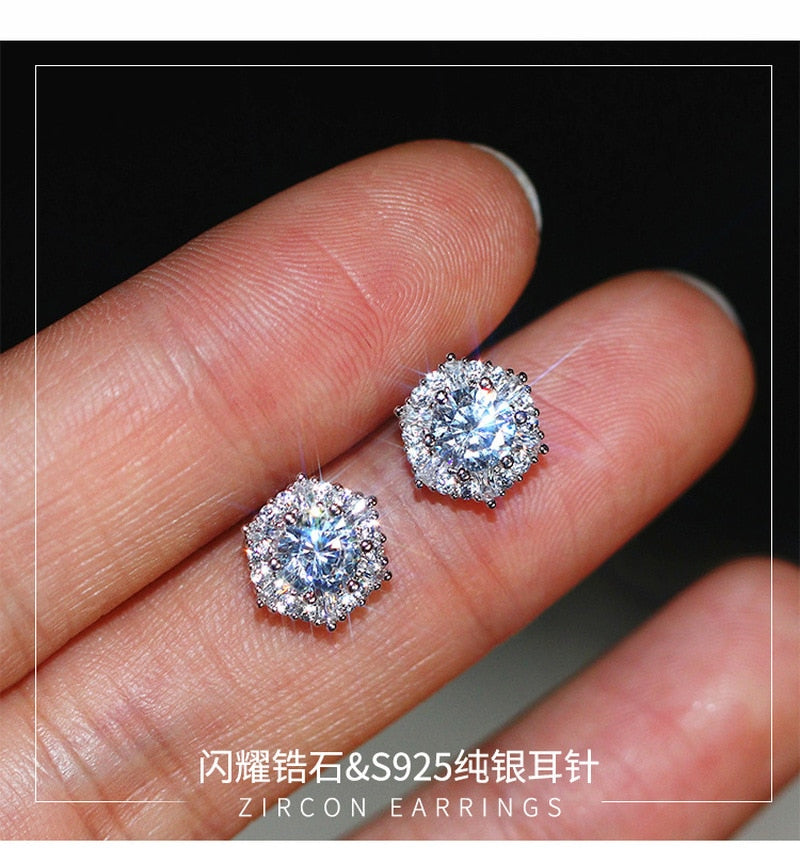 S925 Sterling Silver Color Simple Round Bling CZ Zircon Stone Stud Earrings Fashion Jewelry Korean Earrings for Women Girl