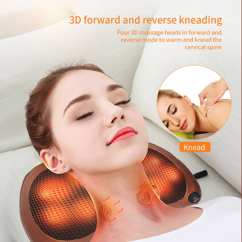 Almohada de masaje eléctrica de cabeza 8D, masajeador de cuello con calefacción infrarroja, masajeador Shiatsu multifuncional para el hogar y el coche, máquina de relajación corporal