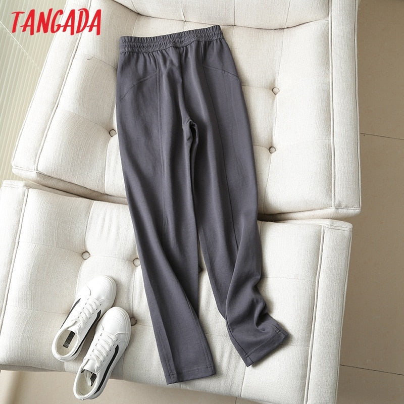 Tangada 2022 women dark gray pants cargo strethy waist pants trousers joggers female sweatpants 6D80