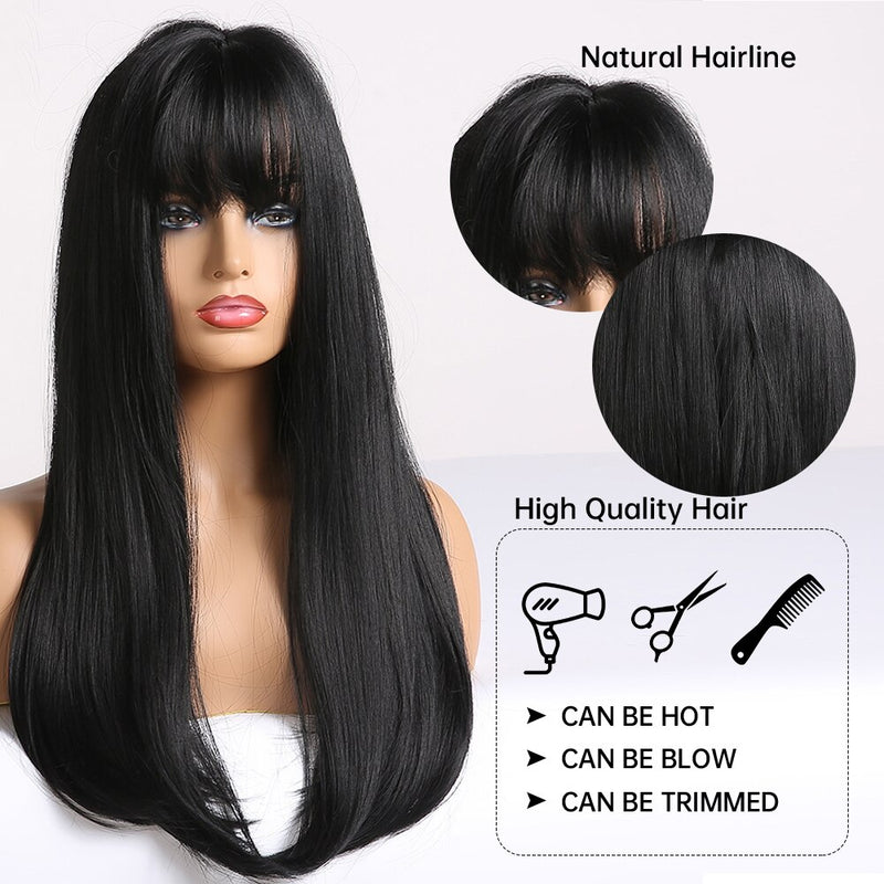 HENRY MARGU Long Straight Black Synthetic Wigs With Bangs Natural Fake Hairs for Women Afro Heat Resistant Cosplay Daily Wigs