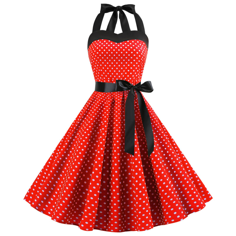 Women Red Cherry Party Dress Vintage 50s Rockabilly Hepburn Dress 2023 Elegant Summer Strapless Swing Retro Halter Pin up Dress