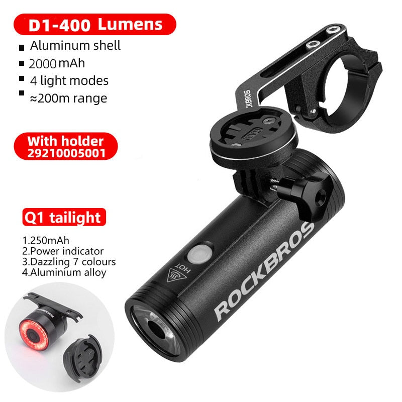 ROCKBROS 400-1000LM Bike Light Bicycle Headlight With Mount Holder IPX3 USB Rechargeable Bike Flashlight Combo Out Front Holder