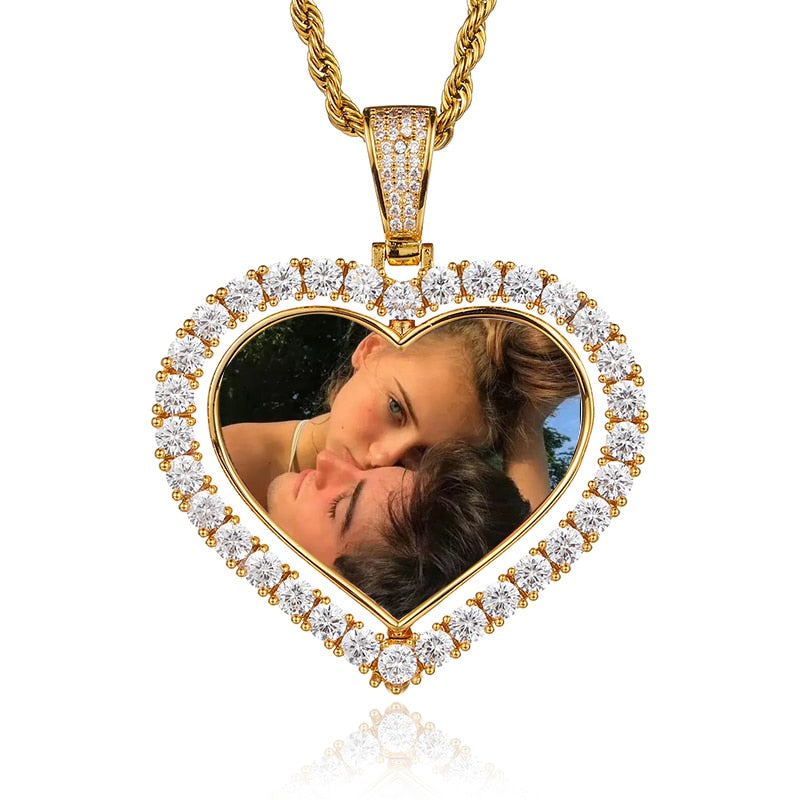 D&Z Custom Made Photo Rotating Heart Shape Double-sided Pendant Necklace 4mm Tennis Chain Zircon Men's Hip hop Jewelry