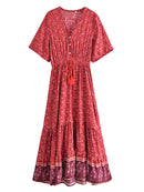 Vintage Chic Fashion Women Floral Print V-neck Rayon Beach Bohemian Maxi Dress Ladies V Neck Tassel Summer Boho Dresses Robe