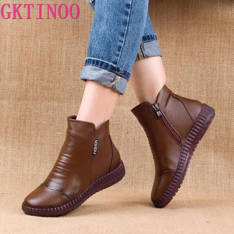 GKTINOO 2023 Winter Genuine Leather Ankle Boots Handmade Lady Soft Flat Shoes Comfortable Casual Moccasins Side Zip Ankle Boots