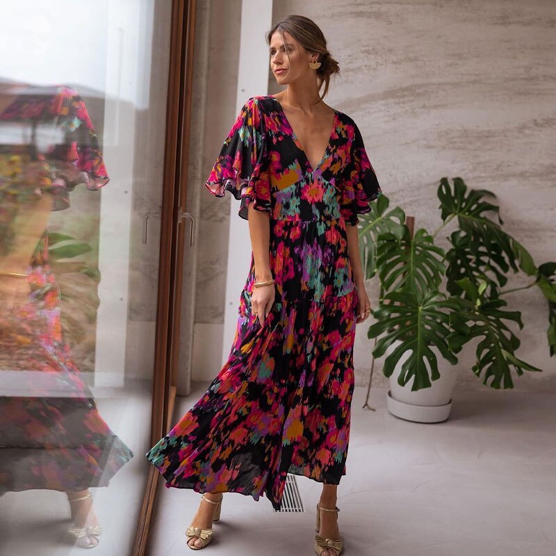 2023 Boho Floral Printed V-neck Short Sleeve Self Belted Cotton Dress Tunic Women Summer Clothes Street Wear Maxi Dresses A1341