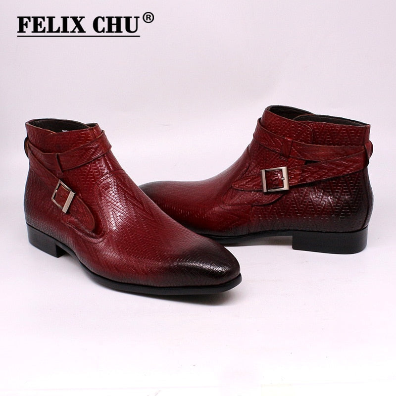 Botines hechos a mano para hombre Felix Chu, botas de moto de cuero genuino para hombre, zapatos de vestir altos con correa de hebilla roja negra para hombre