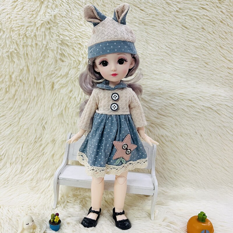 New 12 Inch 22 Movable Joints BJD Doll 31cm 1/6 Makeup Dress Up Cute Brown Blue Eyeball Dolls with Fashion Dress for Girls Toy