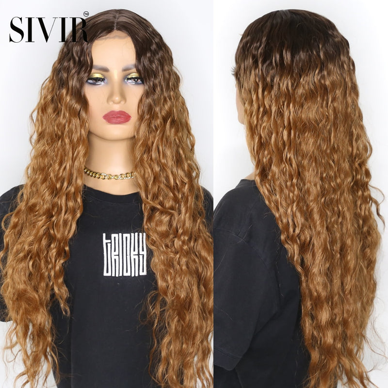 Sivir Synthetic Wigs For Women  Middle Parting Lace Brazilian Wig Kinky Curly Ombre Blonde Brown Colors Available 26 Inch Lace