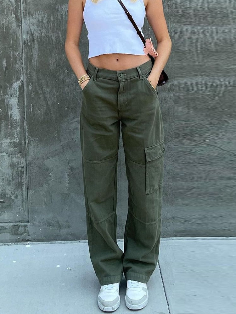 HEYounGIRL Casual Vintage Green Cargo Pants Women Fashion Cotton High Waist Jeans Army Military Denim Trousers Ladies Pockets