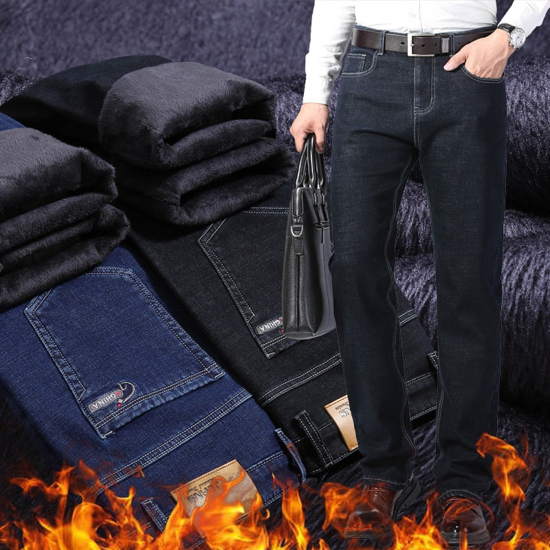 Winter Thermal Warm Flanell Stretch Jeans Herren Qualität Berühmte Marke Fleecehose Herren Gerade Beflockung Hose Jean Male