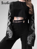 InsGoth Black Crop Top Hoodie Women Sweatshirt Gothic Punk Grunge Dragon Printed Harajuku Loose Sweatshirt Pullover Female Top