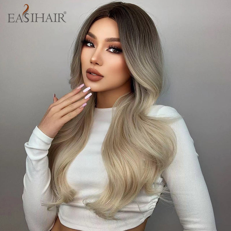 EASIHAIR largo rubio claro Ombre pelucas de estilo ondulado Natural pelucas sintéticas resistentes al calor pelucas de Cosplay de pelo de parte media para mujeres