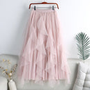 Qooth Women Beaded Petal Mid-length Ruffles Mesh Pleated Skirts Elegant High-waisted Fairy A-line Long Tulle Skirts QT1682