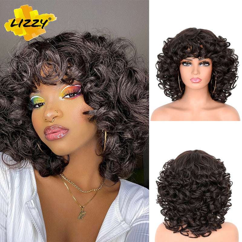 Short Hair Afro Curly Wig With Bangs Loose Synthetic Cosplay Fluffy Shoulder Length Natural Wigs For Black Women Dark Brown 14&quot;