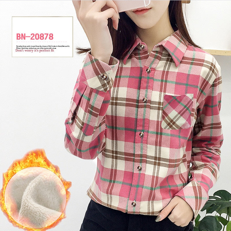 S-4XL Women Cotton Shirt Spring Autumn Winter 2022 New Casual Long-sleeve Brushed Plaid Stripe Shirts Girl's Tops Blouse Female