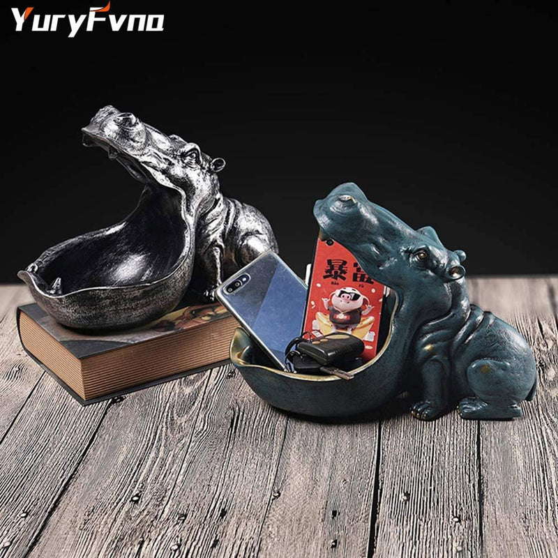 YuryFvna Hippo Statue Resin Hippopotamus Figurine Sculpture Sundries Key Candy Container Home Table Office Decoration Gift