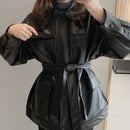 FTLZZ Slim PU Coats Women Faux Leather Jackets Vintage Motor Biker Jackets Elegant Tie Belt Waist Pockets Buttons Coats