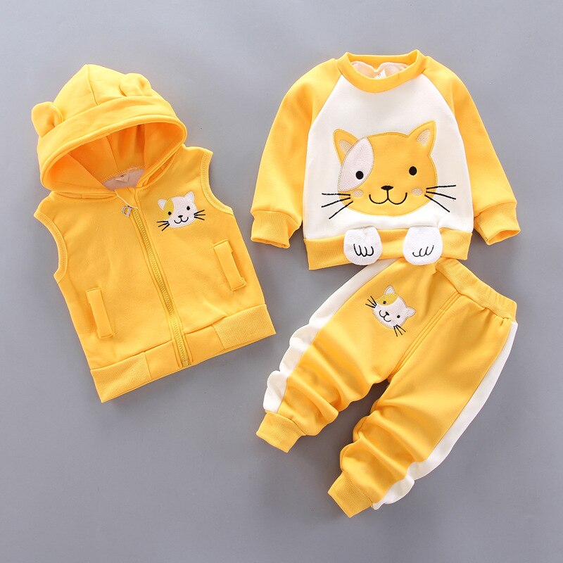 Winter Baby Girls Hooded Clothes Children Christmas Sets Vest+Coat+Pant 3 Pieces Boy Suits Cartoon Bear Garment For Kids 1-4 Age