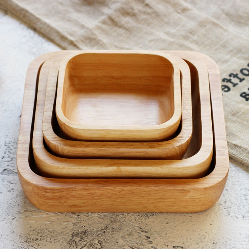 1Pc Square Wood Bowl 4 Sizes Salad Bowl Set Large Small Wooden Plate Snack Dessert Serving Dishes Food Container Wood Tableware