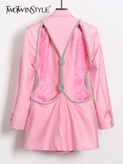 TWOTWINSTYLE Sexy Backless Diamant-Blazer-Oberseiten-weiblicher Revers-Kragen-lange Hülsen-dünne aushöhlen Frauen-Mantel-Art und Weise 2022 Neu