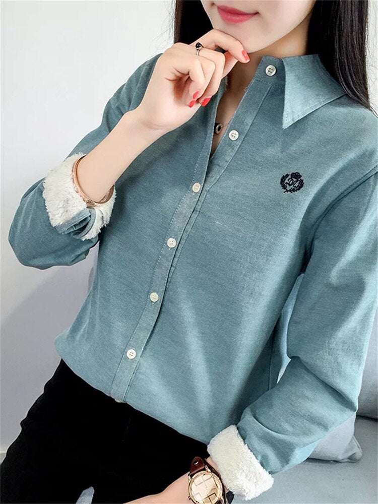 Blusas de estilo de invierno para mujer muy gruesas, camisas informales de manga larga con cuello vuelto, Blusas de terciopelo, Tops DF3161