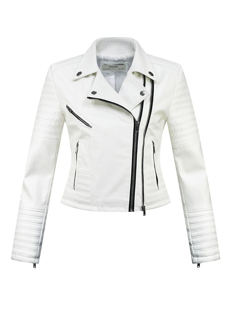 2022 nueva moda mujer Otoño Invierno motocicleta chaquetas de cuero de imitación señora manga larga Biker blanco PU Punk Streetwear abrigos negros