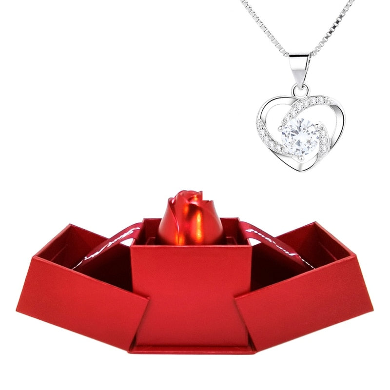 Conjunto de collar de amor eterno con soporte de rosa, colgante de circón rombo romántico con regalos inmortales para el Día de San Valentín