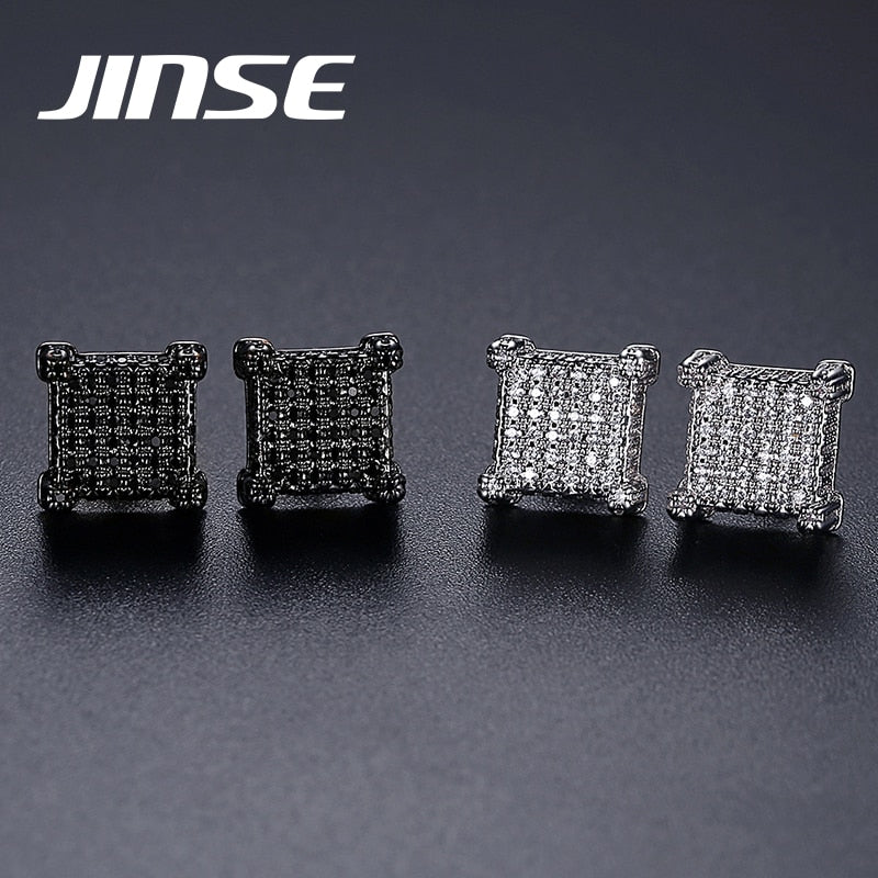 JINSE 10mm Square Cubic Zircon Mens Iced Stud Earring Push Back Black CZ Piercing Crystal Hip Hop Punk Jewelry Christmas Gifts