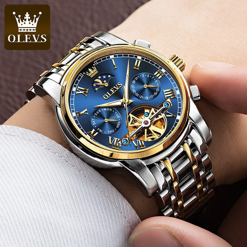 OLEVS Men Watch Automatic mechanical watch  Stianless Top Brand Dress Luxury moon phaseTourbillon Wristwatch Gifts for Male