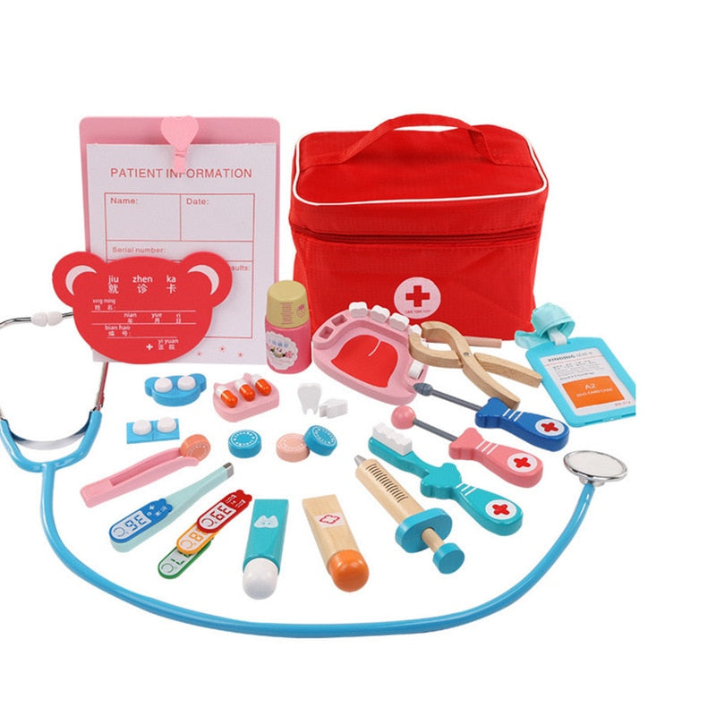 Juego de juguetes de doctor para niños, juego de simulación de madera para niños, juegos para niñas y niños, caja de medicina roja para dentista, bolsas de tela